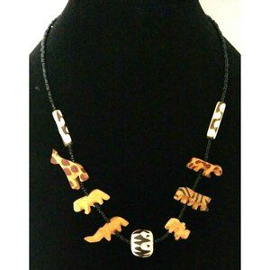 Women's Wooden Animal Beaded Necklace Statement Primitive Tribal Lion Zebra Cat